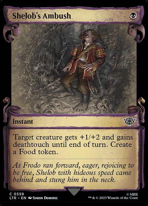 Target creature gets +1/+2 and gains deathtouch until end of turn. Create a Food token. (It's an artifact with "{2}, {T}, Sacrifice this artifact: You gain 3 life.")
