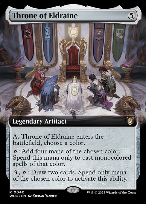 As Throne of Eldraine enters the battlefield, choose a color.
{T}: Add four mana of the chosen color. Spend this mana only to cast monocolored spells of that color.
{3}, {T}: Draw two cards. Spend only mana of the chosen color to activate this ability.