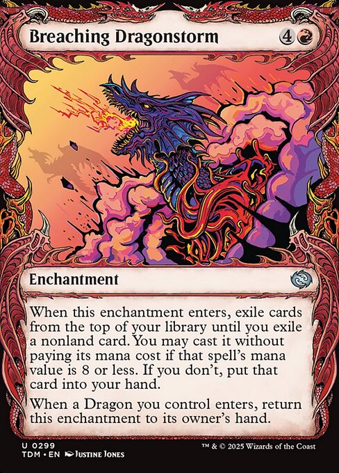 When this enchantment enters, exile cards from the top of your library until you exile a nonland card. You may cast it without paying its mana cost if that spell's mana value is 8 or less. If you don't, put that card into your hand.
When a Dragon you control enters, return this enchantment to its owner's hand.