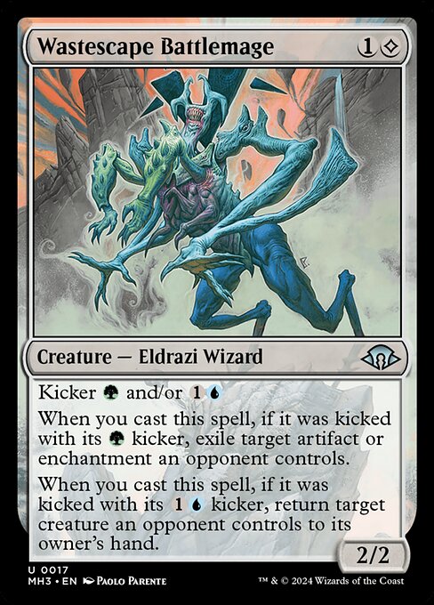 Kicker {G} and/or {1}{U}
When you cast this spell, if it was kicked with its {G} kicker, exile target artifact or enchantment an opponent controls.
When you cast this spell, if it was kicked with its {1}{U} kicker, return target creature an opponent controls to its owner's hand.