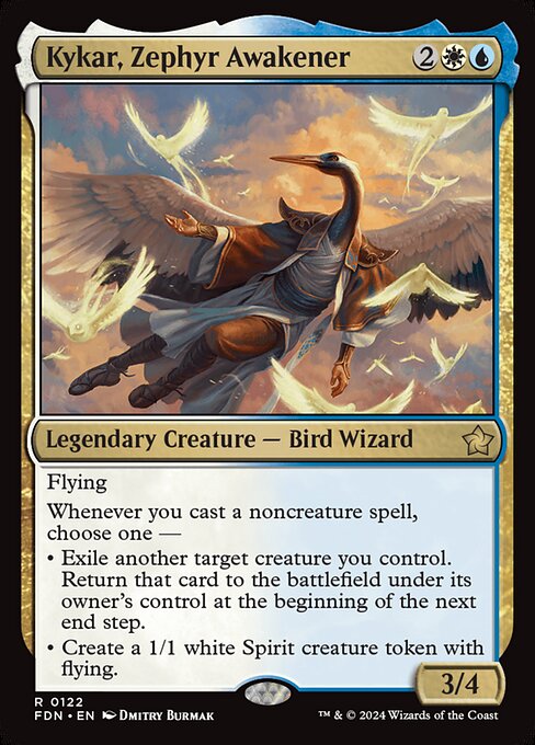 Flying
Whenever you cast a noncreature spell, choose one —
• Exile another target creature you control. Return that card to the battlefield under its owner's control at the beginning of the next end step.
• Create a 1/1 white Spirit creature token with flying.