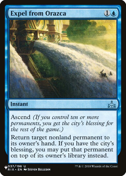 Ascend (If you control ten or more permanents, you get the city's blessing for the rest of the game.)
Return target nonland permanent to its owner's hand. If you have the city's blessing, you may put that permanent on top of its owner's library instead.