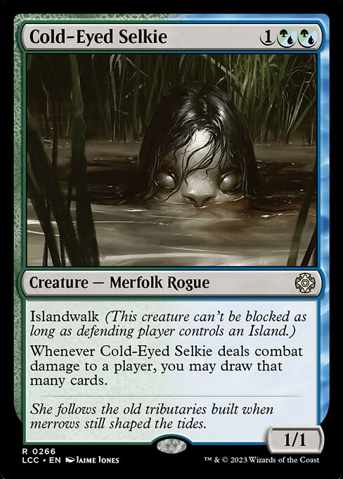 Islandwalk (This creature can't be blocked as long as defending player controls an Island.)
Whenever this creature deals combat damage to a player, you may draw that many cards.