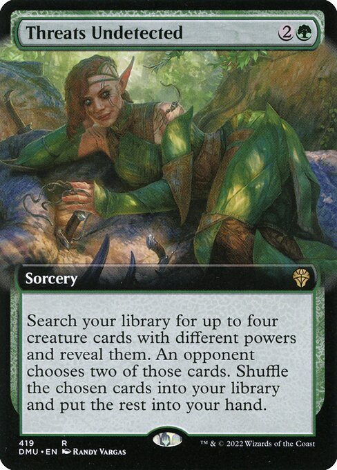 Search your library for up to four creature cards with different powers and reveal them. An opponent chooses two of those cards. Shuffle the chosen cards into your library and put the rest into your hand.
