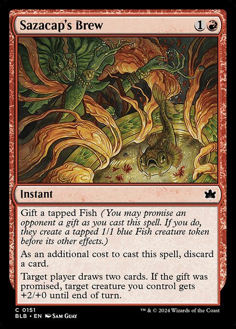 Gift a tapped Fish (You may promise an opponent a gift as you cast this spell. If you do, they create a tapped 1/1 blue Fish creature token before its other effects.)
As an additional cost to cast this spell, discard a card.
Target player draws two cards. If the gift was promised, target creature you control gets +2/+0 until end of turn.