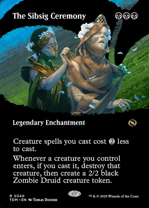 Creature spells you cast cost {2} less to cast.
Whenever a creature you control enters, if you cast it, destroy that creature, then create a 2/2 black Zombie Druid creature token.