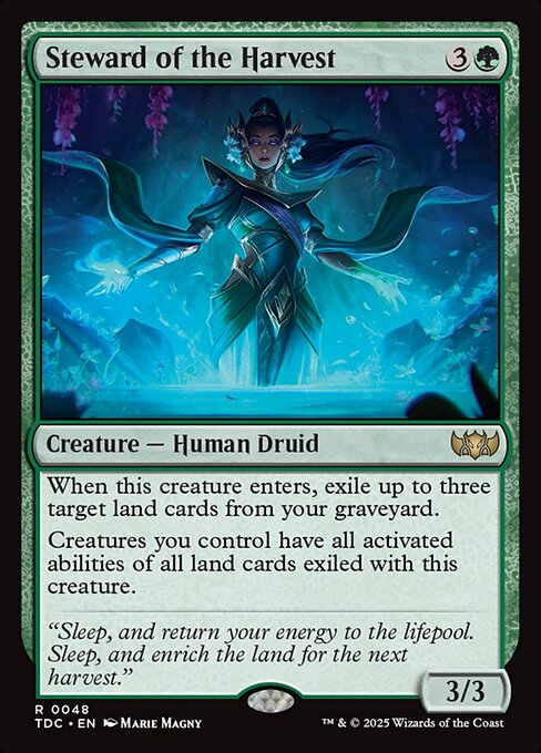 When this creature enters, exile up to three target land cards from your graveyard.
Creatures you control have all activated abilities of all land cards exiled with this creature.