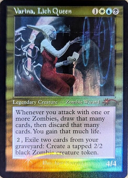 Whenever you attack with one or more Zombies, draw that many cards, then discard that many cards. You gain that much life.
{2}, Exile two cards from your graveyard: Create a tapped 2/2 black Zombie creature token.