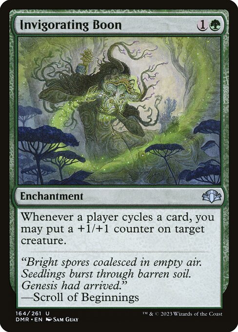Whenever a player cycles a card, you may put a +1/+1 counter on target creature.