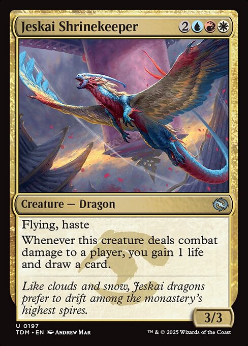 Flying, haste
Whenever this creature deals combat damage to a player, you gain 1 life and draw a card.