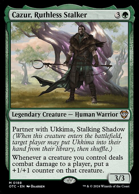Partner with Ukkima, Stalking Shadow (When this creature enters the battlefield, target player may put Ukkima into their hand from their library, then shuffle.)
Whenever a creature you control deals combat damage to a player, put a +1/+1 counter on that creature.