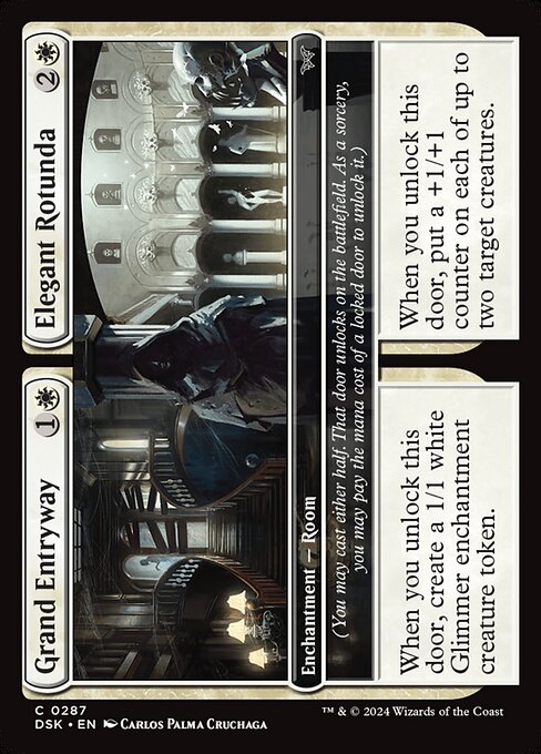 When you unlock this door, create a 1/1 white Glimmer enchantment creature token.
(You may cast either half. That door unlocks on the battlefield. As a sorcery, you may pay the mana cost of a locked door to unlock it.) When you unlock this door, put a +1/+1 counter on each of up to two target creatures.
(You may cast either half. That door unlocks on the battlefield. As a sorcery, you may pay the mana cost of a locked door to unlock it.)