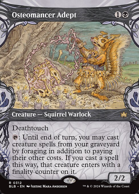Deathtouch
{T}: Until end of turn, you may cast creature spells from your graveyard by foraging in addition to paying their other costs. If you cast a spell this way, that creature enters with a finality counter on it. (To forage, exile three cards from your graveyard or sacrifice a Food. If a creature with a finality counter on it would die, exile it instead.)