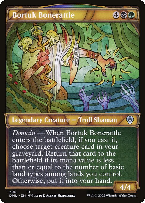 Domain — When Bortuk Bonerattle enters the battlefield, if you cast it, choose target creature card in your graveyard. Return that card to the battlefield if its mana value is less than or equal to the number of basic land types among lands you control. Otherwise, put it into your hand.