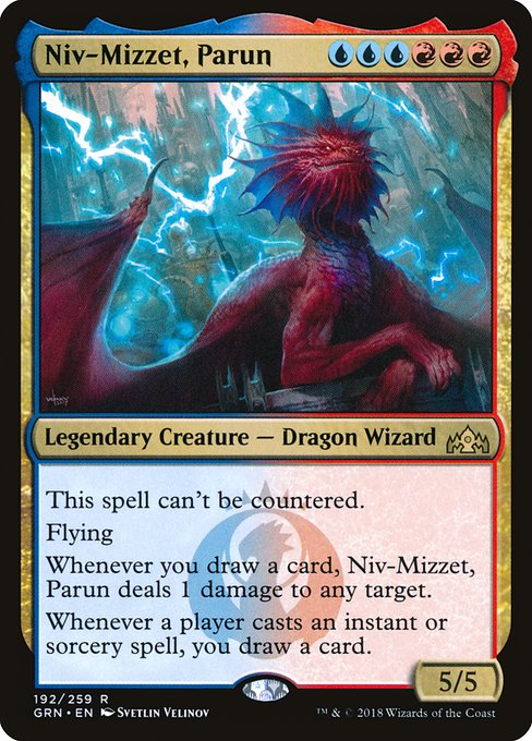This spell can't be countered.
Flying
Whenever you draw a card, Niv-Mizzet, Parun deals 1 damage to any target.
Whenever a player casts an instant or sorcery spell, you draw a card.