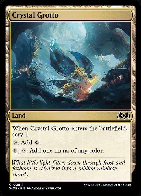 When Crystal Grotto enters the battlefield, scry 1.
{T}: Add {C}.
{1}, {T}: Add one mana of any color.
