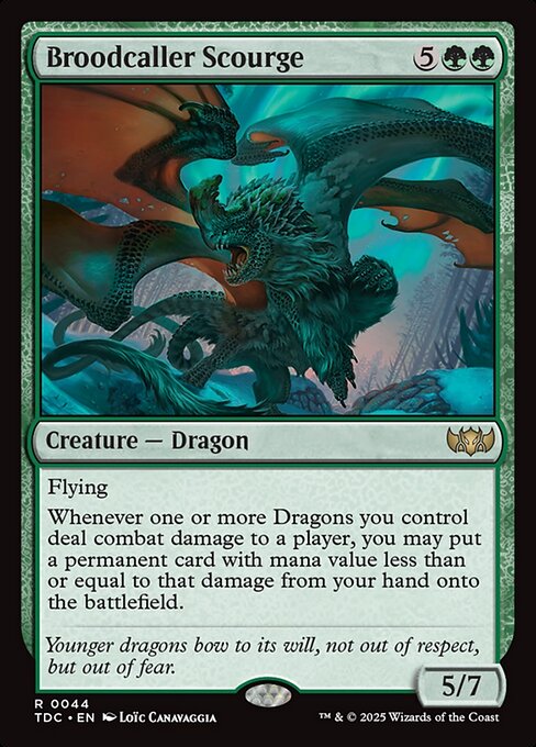 Flying
Whenever one or more Dragons you control deal combat damage to a player, you may put a permanent card with mana value less than or equal to that damage from your hand onto the battlefield.