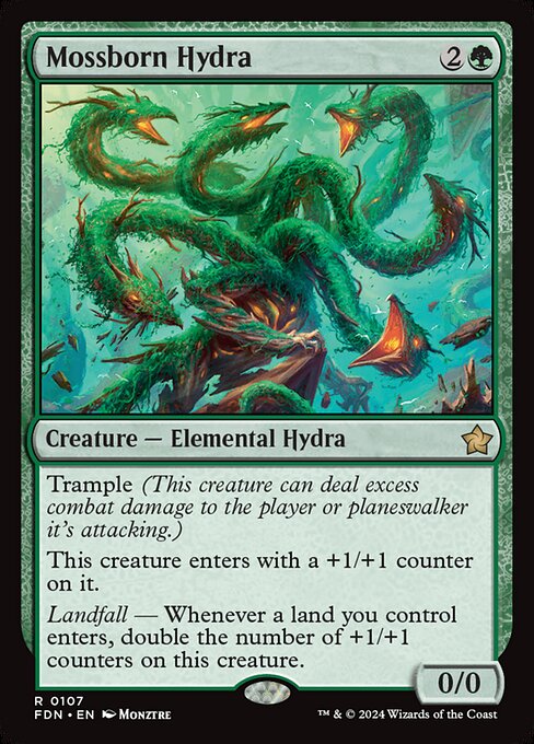 Trample (This creature can deal excess combat damage to the player or planeswalker it's attacking.)
This creature enters with a +1/+1 counter on it.
Landfall — Whenever a land you control enters, double the number of +1/+1 counters on this creature.