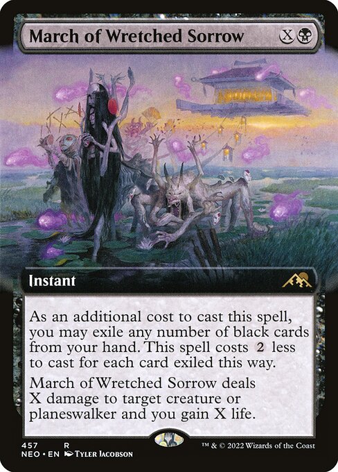 As an additional cost to cast this spell, you may exile any number of black cards from your hand. This spell costs {2} less to cast for each card exiled this way.
March of Wretched Sorrow deals X damage to target creature or planeswalker and you gain X life.