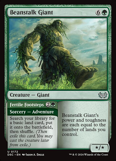 Beanstalk Giant's power and toughness are each equal to the number of lands you control. Search your library for a basic land card, put it onto the battlefield, then shuffle. (Then exile this card. You may cast the creature later from exile.)