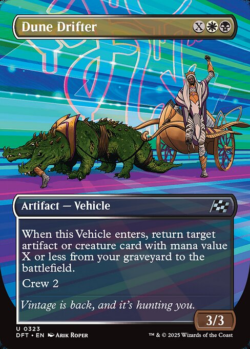 When this Vehicle enters, return target artifact or creature card with mana value X or less from your graveyard to the battlefield.
Crew 2 (Tap any number of creatures you control with total power 2 or more: This Vehicle becomes an artifact creature until end of turn.)