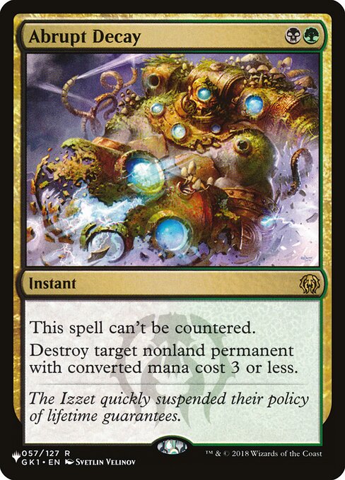 This spell can't be countered.
Destroy target nonland permanent with mana value 3 or less.