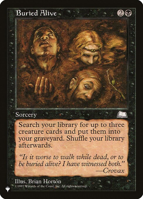 Search your library for up to three creature cards, put them into your graveyard, then shuffle.