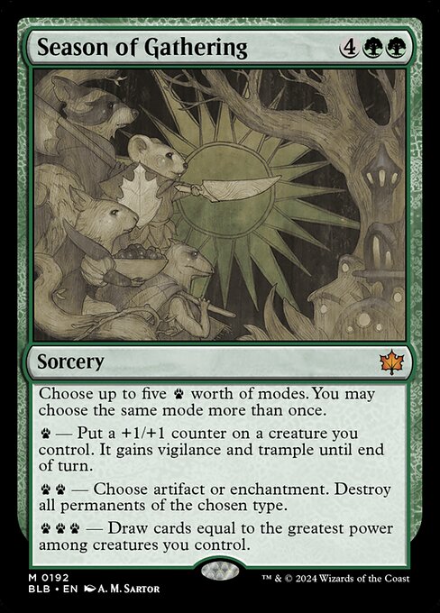 Choose up to five {P} worth of modes. You may choose the same mode more than once.
{P} — Put a +1/+1 counter on a creature you control. It gains vigilance and trample until end of turn.
{P}{P} — Choose artifact or enchantment. Destroy all permanents of the chosen type.
{P}{P}{P} — Draw cards equal to the greatest power among creatures you control.