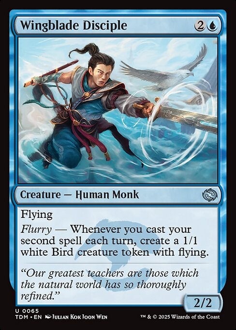 Flying
Flurry — Whenever you cast your second spell each turn, create a 1/1 white Bird creature token with flying.