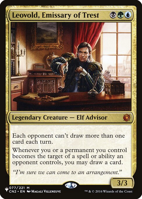 Each opponent can't draw more than one card each turn.
Whenever you or a permanent you control becomes the target of a spell or ability an opponent controls, you may draw a card.