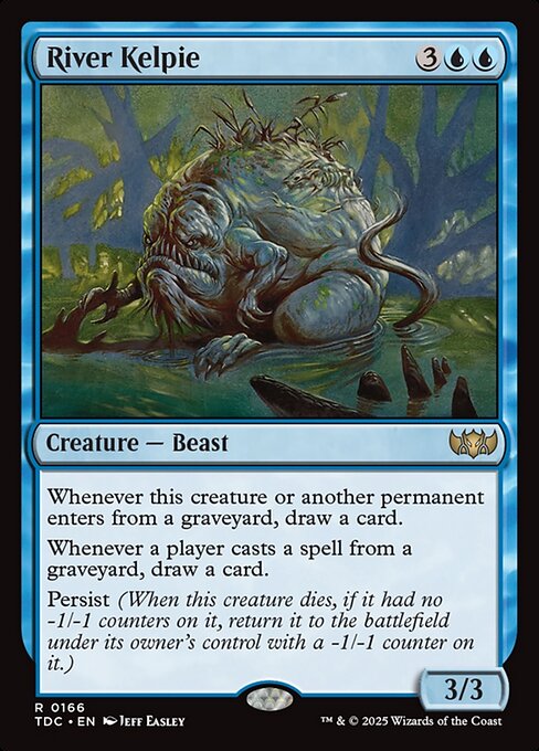 Whenever this creature or another permanent enters from a graveyard, draw a card.
Whenever a player casts a spell from a graveyard, draw a card.
Persist (When this creature dies, if it had no -1/-1 counters on it, return it to the battlefield under its owner's control with a -1/-1 counter on it.)