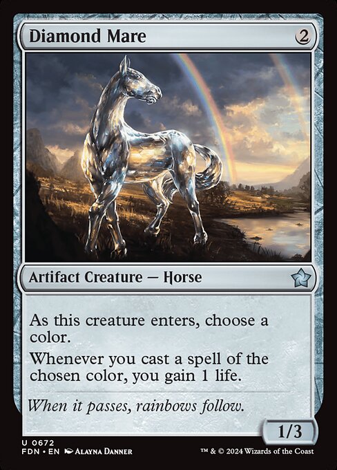 As Diamond Mare enters, choose a color.
Whenever you cast a spell of the chosen color, you gain 1 life.