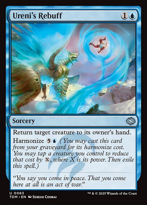 Return target creature to its owner's hand.
Harmonize {5}{U} (You may cast this card from your graveyard for its harmonize cost. You may tap a creature you control to reduce that cost by {X}, where X is its power. Then exile this spell.)
