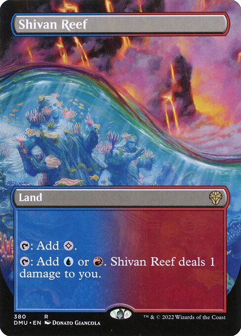 {T}: Add {C}.
{T}: Add {U} or {R}. Shivan Reef deals 1 damage to you.