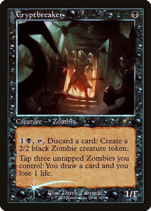 {1}{B}, {T}, Discard a card: Create a 2/2 black Zombie creature token.
Tap three untapped Zombies you control: You draw a card and you lose 1 life.