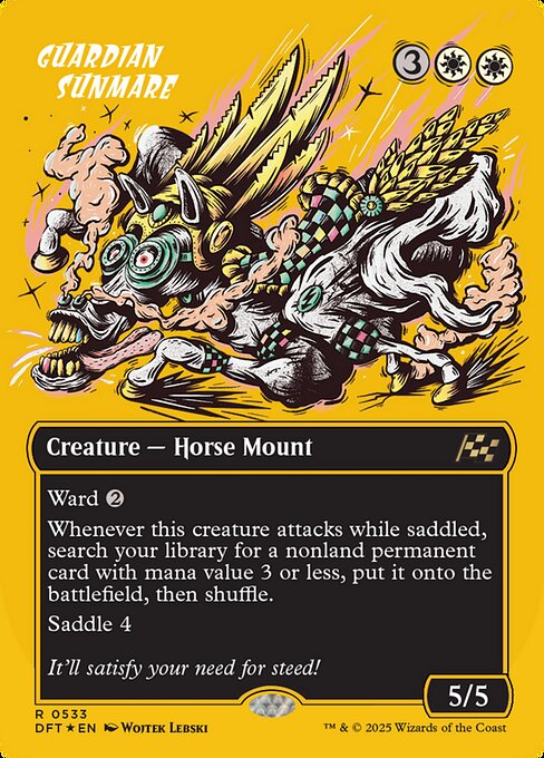 Ward {2}
Whenever this creature attacks while saddled, search your library for a nonland permanent card with mana value 3 or less, put it onto the battlefield, then shuffle.
Saddle 4
