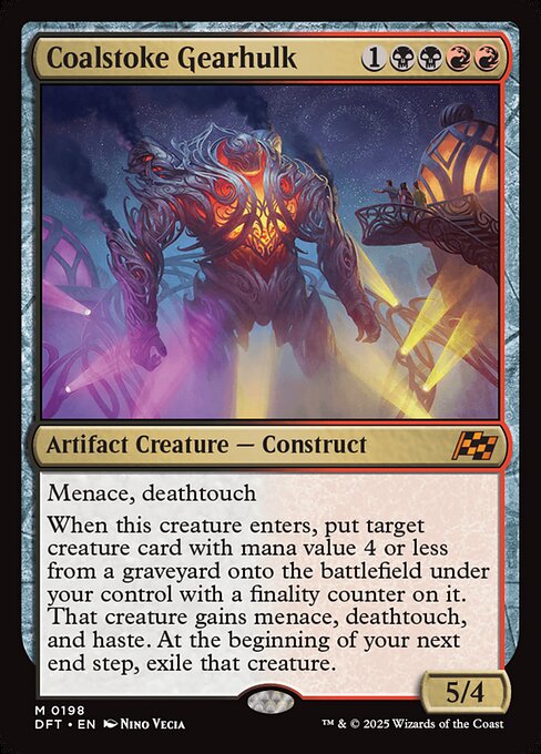 Menace, deathtouch
When this creature enters, put target creature card with mana value 4 or less from a graveyard onto the battlefield under your control with a finality counter on it. That creature gains menace, deathtouch, and haste. At the beginnning of your next end step, exile that creature.