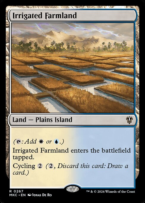({T}: Add {W} or {U}.)
Irrigated Farmland enters the battlefield tapped.
Cycling {2} ({2}, Discard this card: Draw a card.)