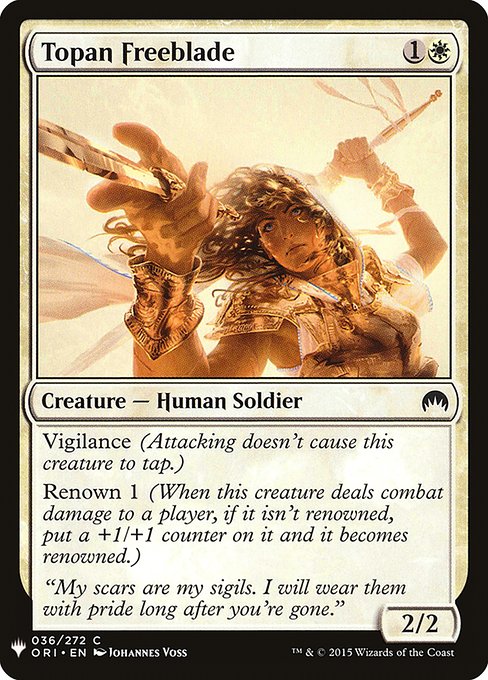 Vigilance (Attacking doesn't cause this creature to tap.)
Renown 1 (When this creature deals combat damage to a player, if it isn't renowned, put a +1/+1 counter on it and it becomes renowned.)