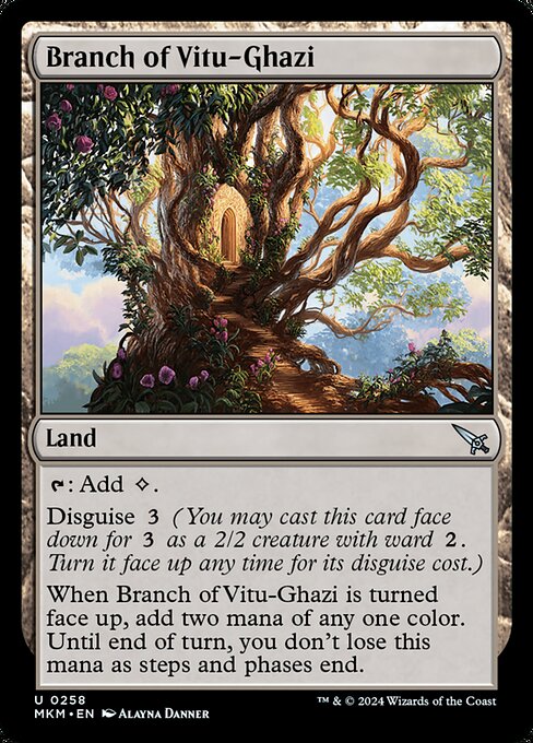 {T}: Add {C}.
Disguise {3} (You may cast this card face down for {3} as a 2/2 creature with ward {2}. Turn it face up any time for its disguise cost.)
When Branch of Vitu-Ghazi is turned face up, add two mana of any one color. Until end of turn, you don't lose this mana as steps and phases end.
