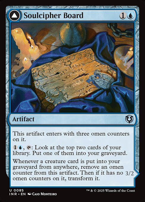 This artifact enters with three omen counters on it.
{1}{U}, {T}: Look at the top two cards of your library. Put one of them into your graveyard.
Whenever a creature card is put into your graveyard from anywhere, remove an omen counter from this artifact. Then if it has no omen counters on it, transform it. Flying
This creature can block only creatures with flying.
{3}{U}: Draw two cards, then discard a card.