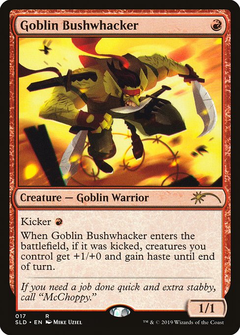 Kicker {R} (You may pay an additional {R} as you cast this spell.)
When this creature enters, if it was kicked, creatures you control get +1/+0 and gain haste until end of turn.