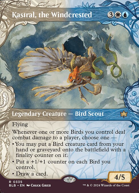 Flying
Whenever one or more Birds you control deal combat damage to a player, choose one —
• You may put a Bird creature card from your hand or graveyard onto the battlefield with a finality counter on it.
• Put a +1/+1 counter on each Bird you control.
• Draw a card.