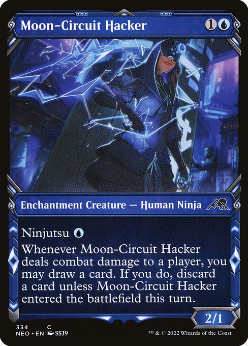 Ninjutsu {U} ({U}, Return an unblocked attacker you control to hand: Put this card onto the battlefield from your hand tapped and attacking.)
Whenever Moon-Circuit Hacker deals combat damage to a player, you may draw a card. If you do, discard a card unless Moon-Circuit Hacker entered the battlefield this turn.