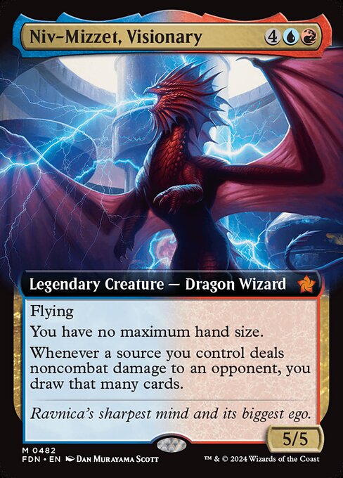 Flying
You have no maximum hand size.
Whenever a source you control deals noncombat damage to an opponent, you draw that many cards.