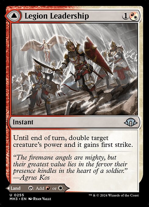 Until end of turn, double target creature's power and it gains first strike. Legion Stronghold enters the battlefield tapped.
{T}: Add {R} or {W}.