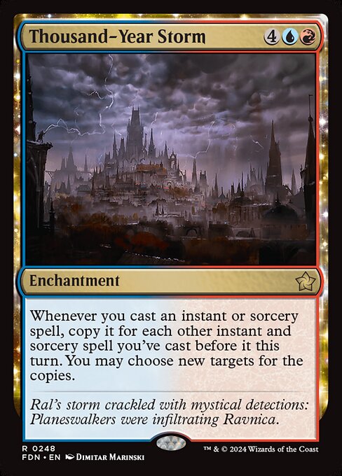 Whenever you cast an instant or sorcery spell, copy it for each other instant and sorcery spell you've cast before it this turn. You may choose new targets for the copies.