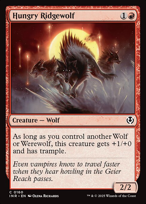 As long as you control another Wolf or Werewolf, this creature gets +1/+0 and has trample.