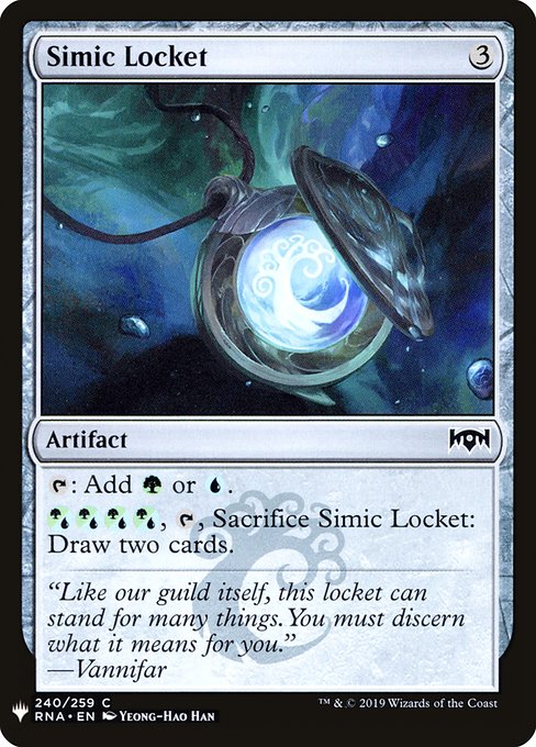 {T}: Add {G} or {U}.
{G/U}{G/U}{G/U}{G/U}, {T}, Sacrifice Simic Locket: Draw two cards.
