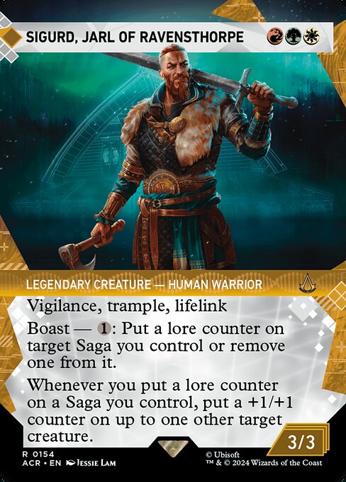 Vigilance, trample, lifelink
Boast — {1}: Put a lore counter on target Saga you control or remove one from it. (Activate only if this creature attacked this turn and only once each turn.)
Whenever you put a lore counter on a Saga you control, put a +1/+1 counter on up to one other target creature.